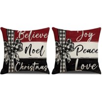 Set of 2 Christmas Decorative Throw Pillow Covers, Believe Noel Christmas & Joy Peace Love, Red & Black, 18x18 Inches