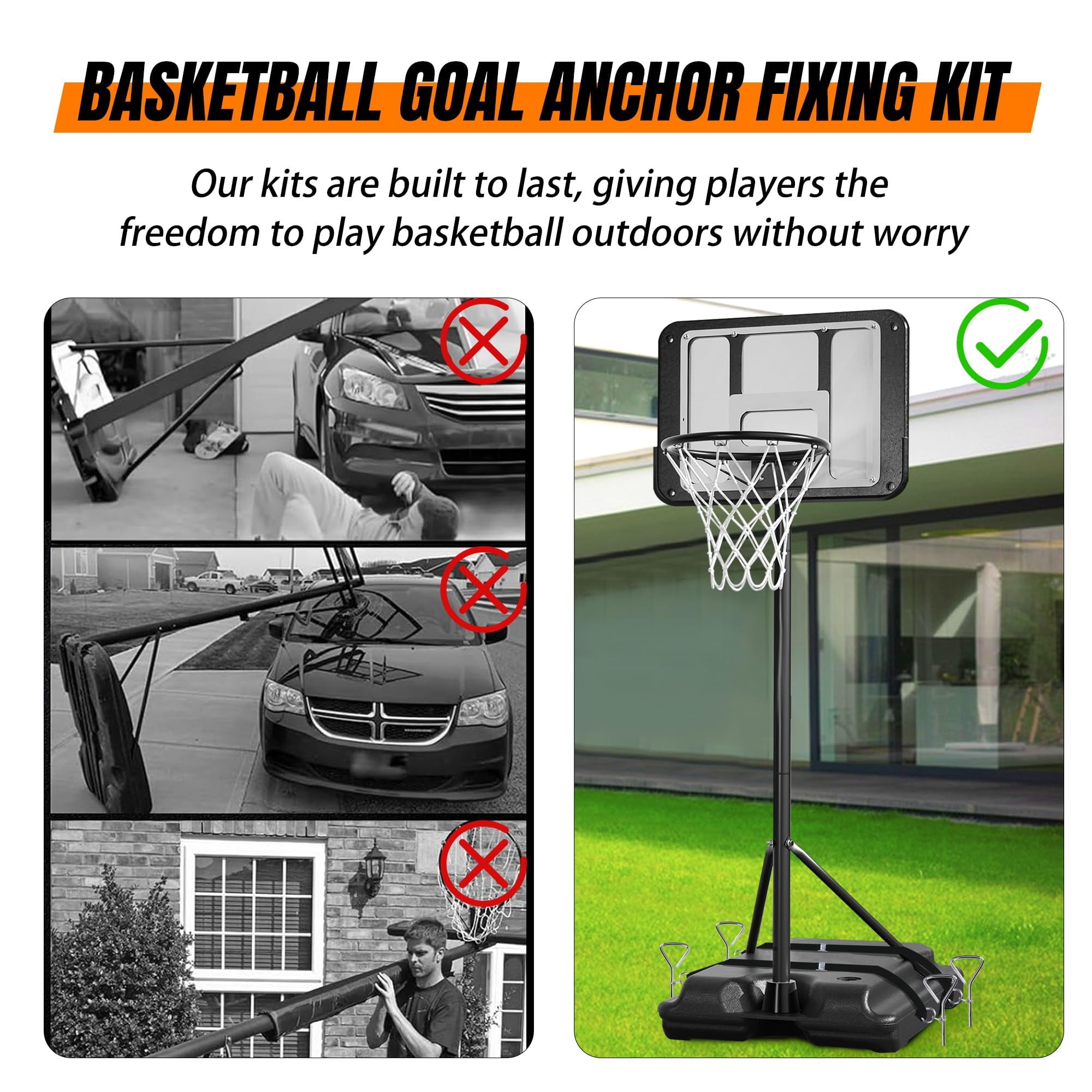 Basketball Goal Anchor - Heavy Duty Hoop Tie Down Kit with Ground Stakes & Adjustable Straps for Trampoline Swing Tent