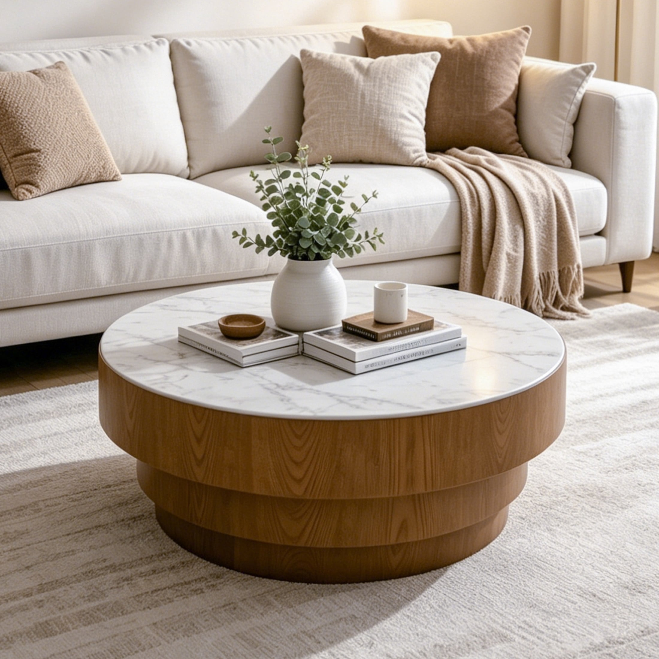 Noble House Carlen 31.5" Round Sintered Stone Coffee Table with Tiered Wood Veneer Base for Living Room, White & Walnut