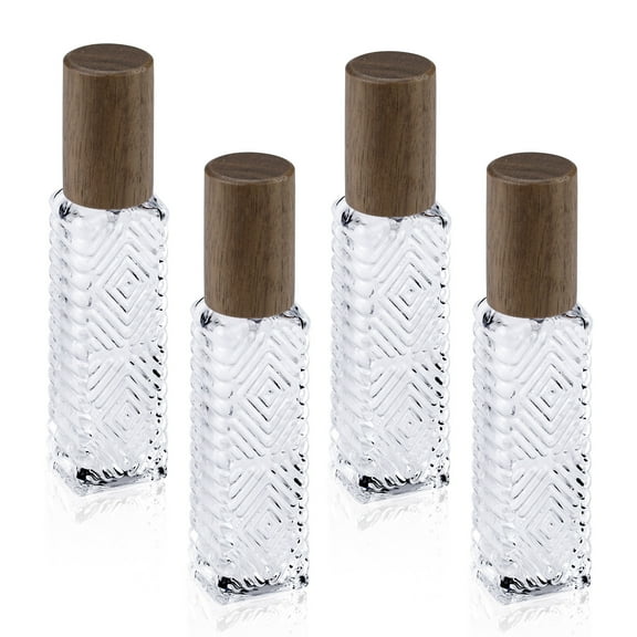 LELE LIFE 4 Pack Perfume Travel Refillable Bottle with Wood Lid, 15ml Atomizer Cologne Sprayer, Clear Glass Mini Spray Dispenser Empty for Refill, Walnut Wood