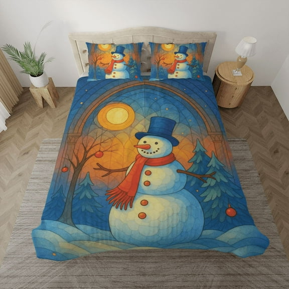 Stained Glass Snowman Bedding Set – Colorful Winter Holiday Duvet Cover with Pillowcases – Christmas Art Design – Twin/Full/Queen/King Sizes