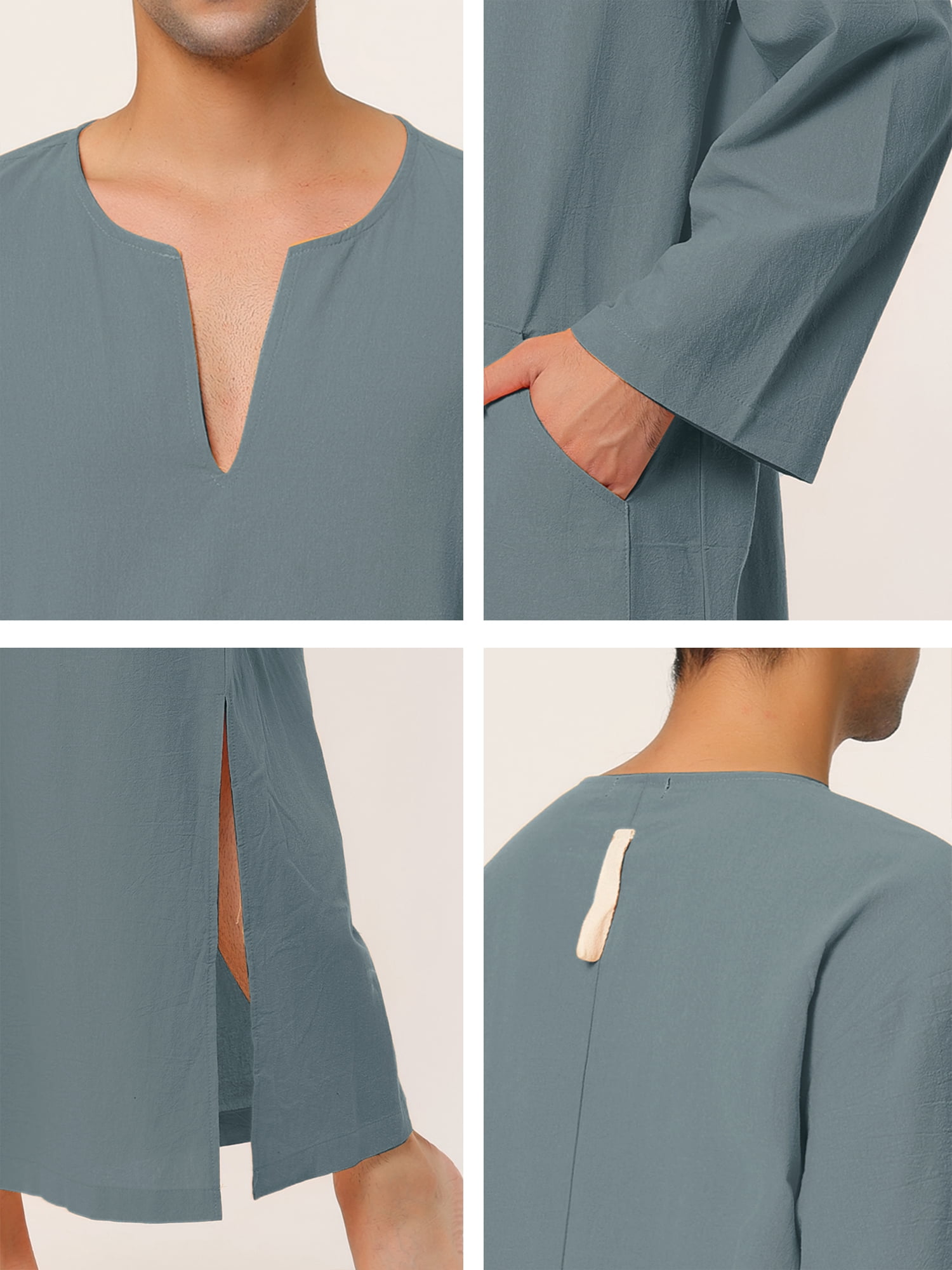 Unique Bargains Men's Pajamas Cotton Sleepwear V-Neck Side Split Long Nightgown M Dark Gray