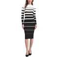 thumbnail image 2 of Vestido de suéter de rayas para mujer INSPIRE CHIC, de manga larga, elástico, cuello redondo, ajustado, de punto acanalado, casual, largo, otoño, talla XL, blanco, 2 of 6
