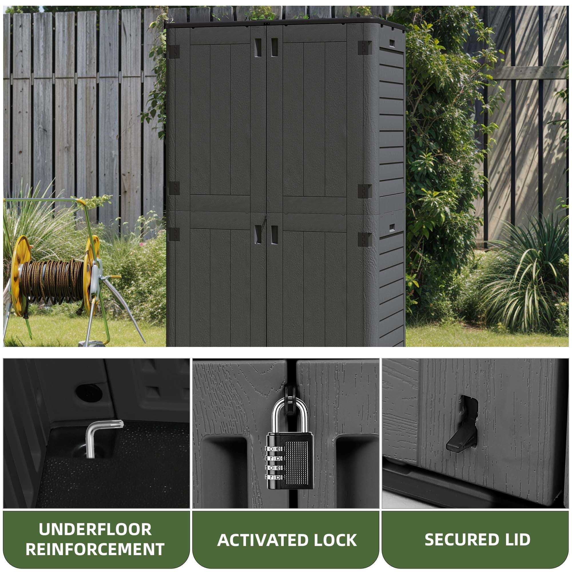 Craftian Outdoor Vertical Storage Shed, 25 Cubic Feet with Shelving for Bicycles, Garden Tools, Garage, Poolside, Dark Gray & Black