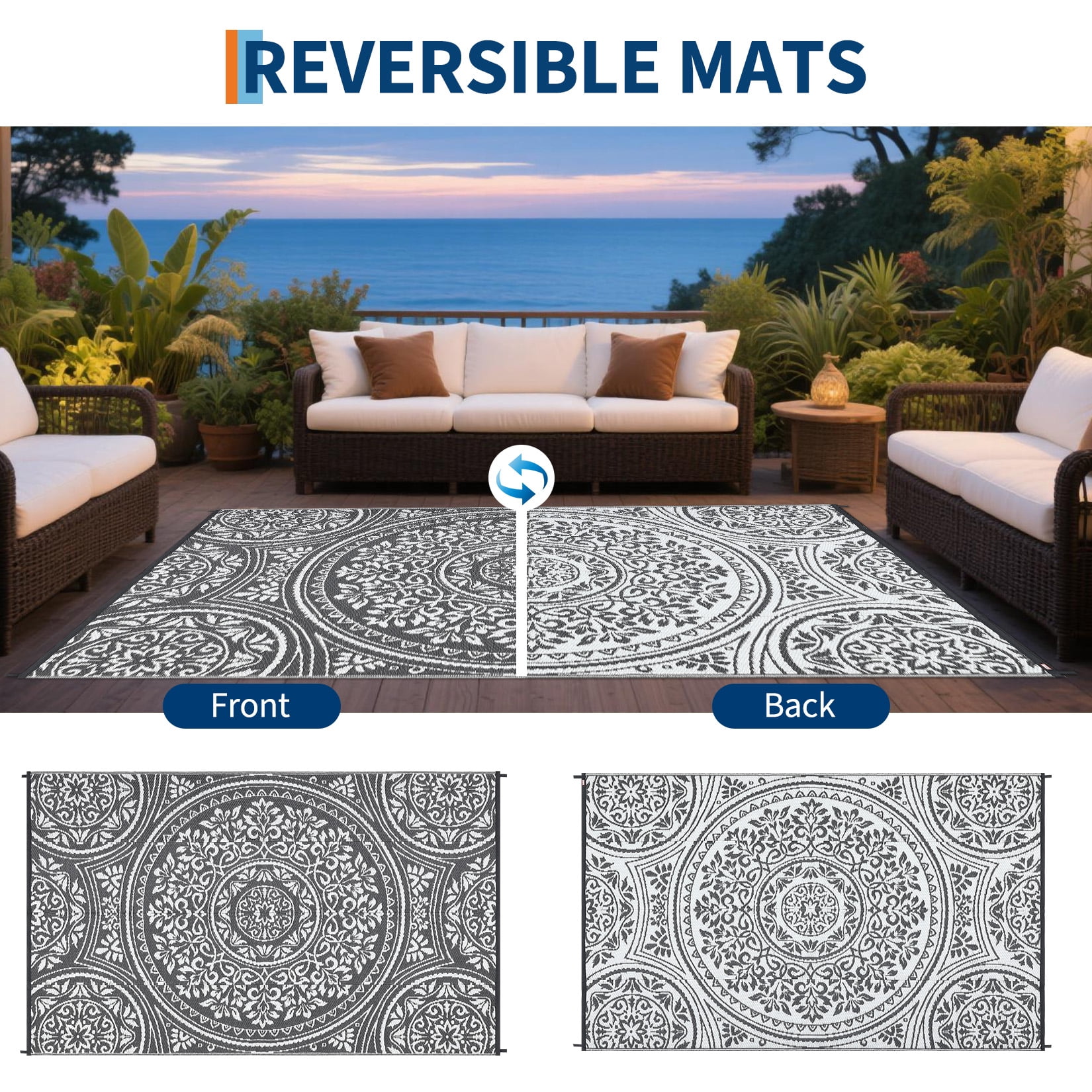 HIWEAVER 9' x 18' Gray/White Outdoor Rug PP Plastic Straw Woven Waterproof Patio Rug with Border Portable Outside Carpet for Balcony Deck Picnic Garden Decor