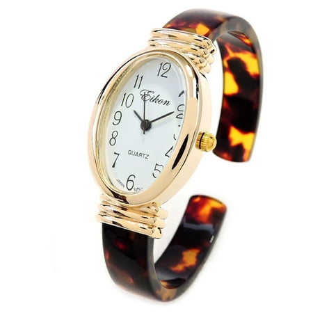 Tortoise Gold Acrylic Band Oval Face Women's Bangle Cuff Watch