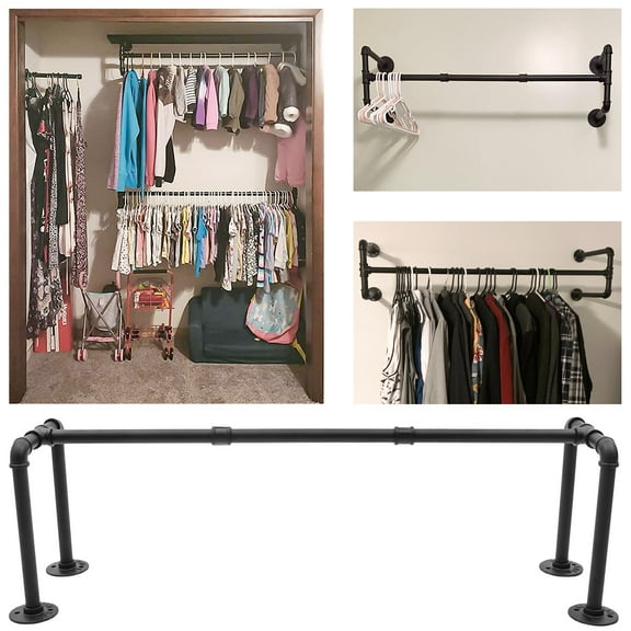 Industrial Pipe Clothes Rack Wall Mount Garment Closet Storage Rack Hanging Rail For Bedrooms, Cloakrooms
