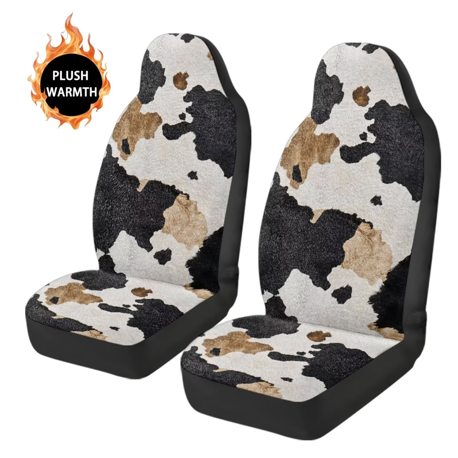 Uorisanigo Car Seat Covers, Plush Seat Covers, 2PCS Soft Coral Fleece Fabric Driver Seats Cover Protection Fit for Most SUV Trucks(Black and Brown Cow Print, Front Pair)