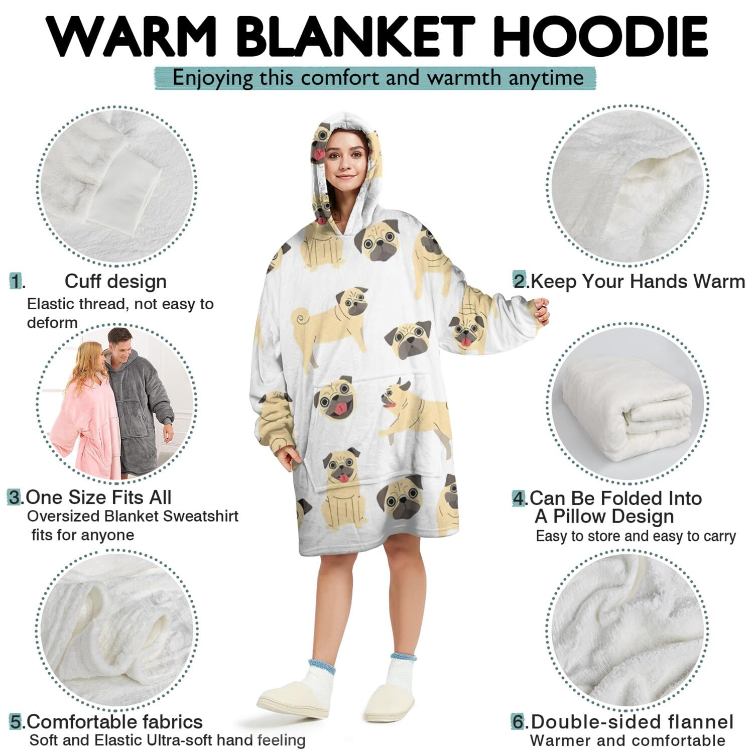 Wearable Oversized Blanket,Cute Cartoon Pug Wearable Blanket Hoodie for Adults,Cozy Hooded Blankets with Super Pockets,Super Warm Fuzzy Pullover for Women & Men