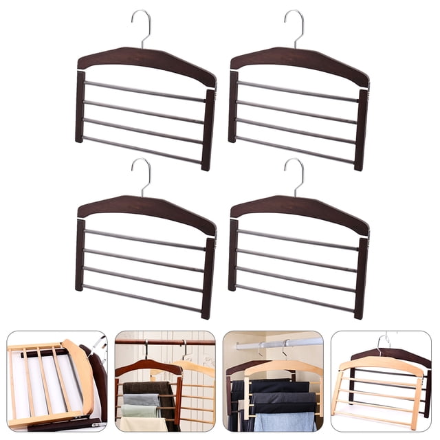 DEEPCRAFF 4Pcs Dark Red Wooden Multi-Layer Non-Slip Pants Hanger Foldable Clothes Organizer for Storage