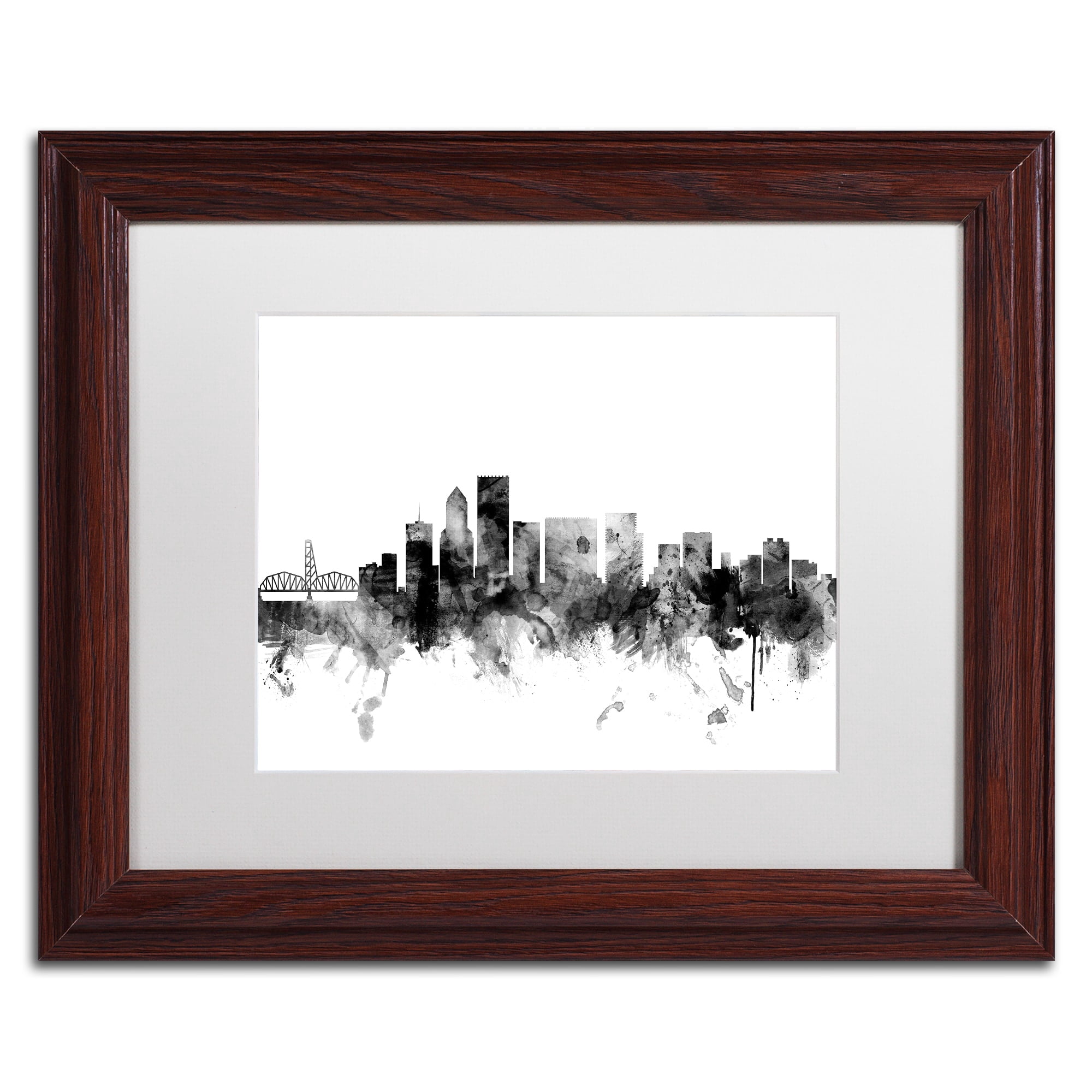 Trademark Fine Art "Portland Oregon Skyline B&W" Canvas Art by Michael Tompsett, White Matte, Wood Frame