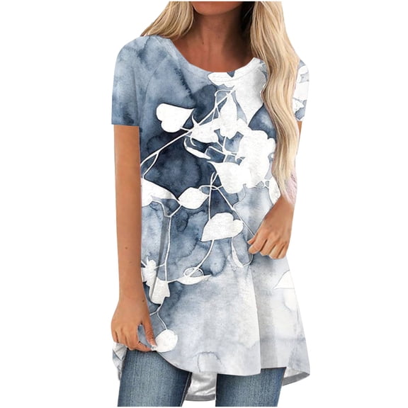 Rutainlusire Women Tops Women's Summer Printed Round-Neck Loose Short Pullover Sleeve Tops Blouse
