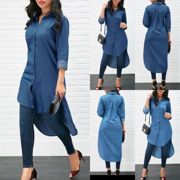 Womens Denim Blue Jean Dress Irregular Long Sleeve Shirt Dress ...