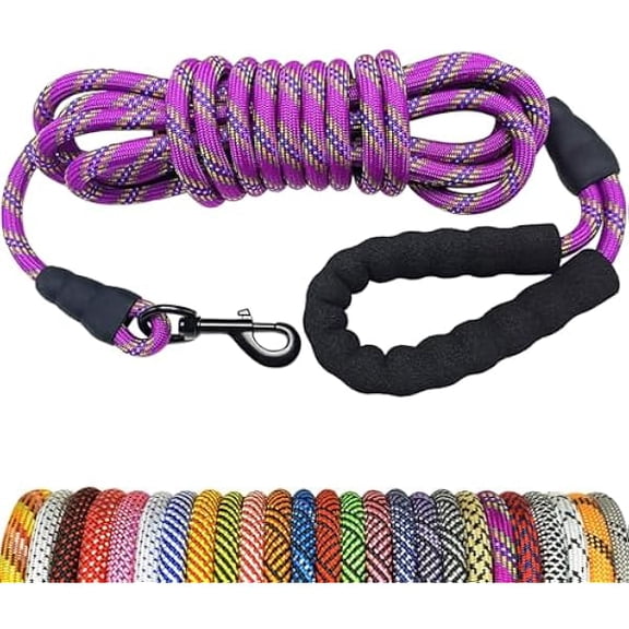 Eryueer Heavy Duty Rope Dog Leash, 6/8/10/15/20/30 FT Long Dog Leash Nylon Pet Lead, Soft Padded Handle Thick Lead Leashes for Large Medium Dogs Training (15ft * 1/2", Purple)