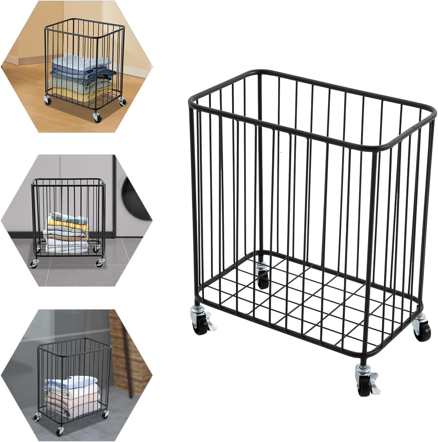 Floor Laundry Hamper with Wheels, Modern Laundry Basket Cart Rolling Storage Hamper Metal Storage Cart Gold for Bathroom Laundry Room Bedroom Living Room
