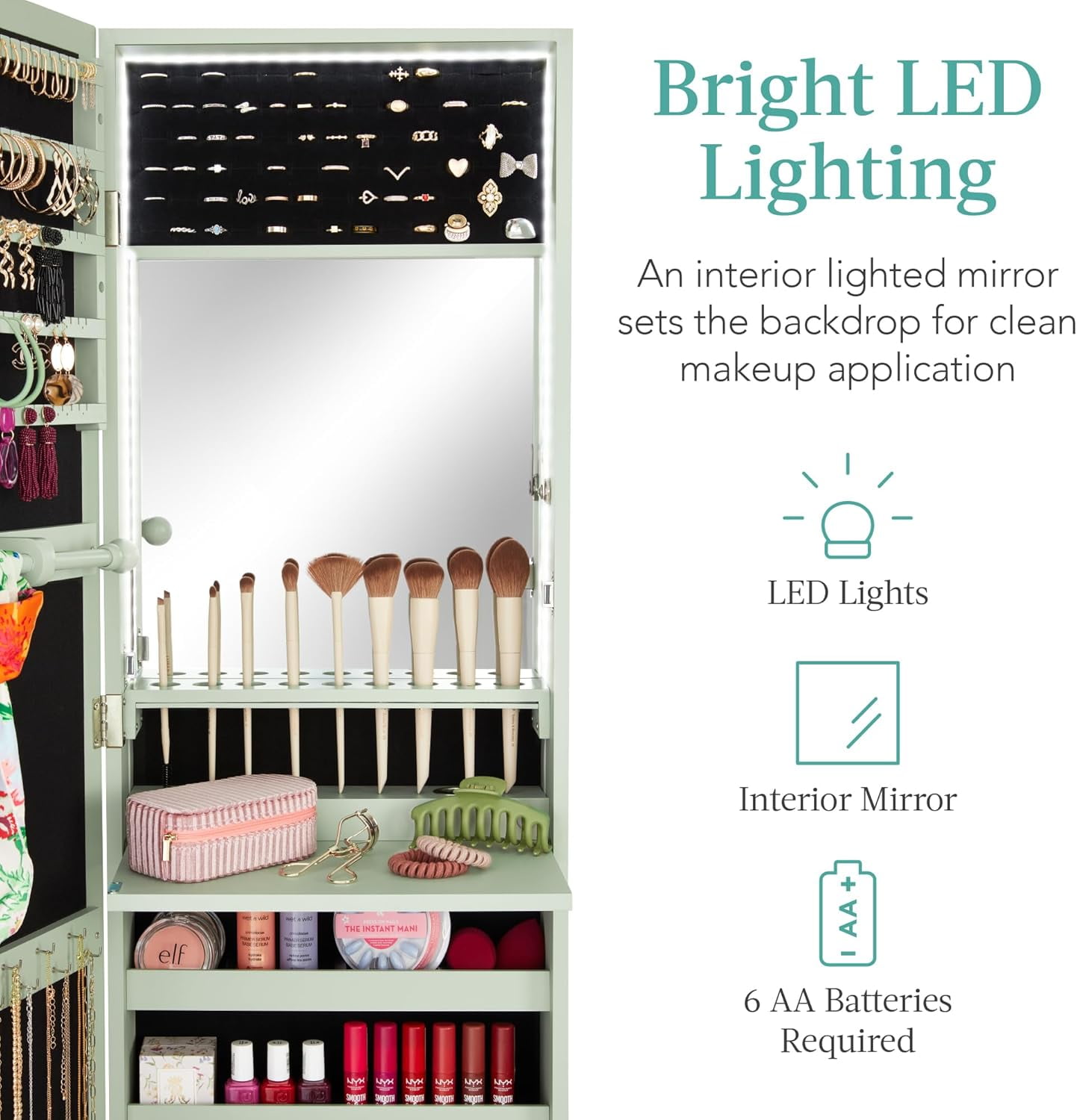 HJTER LED Mirror Jewelry Cabinet, Tall Lockable Wall or Door Mounted Jewelry Armoire Organizer with Mirror, 2 Drawers, Lock, Cosmetic Tray, Shelves - Sage