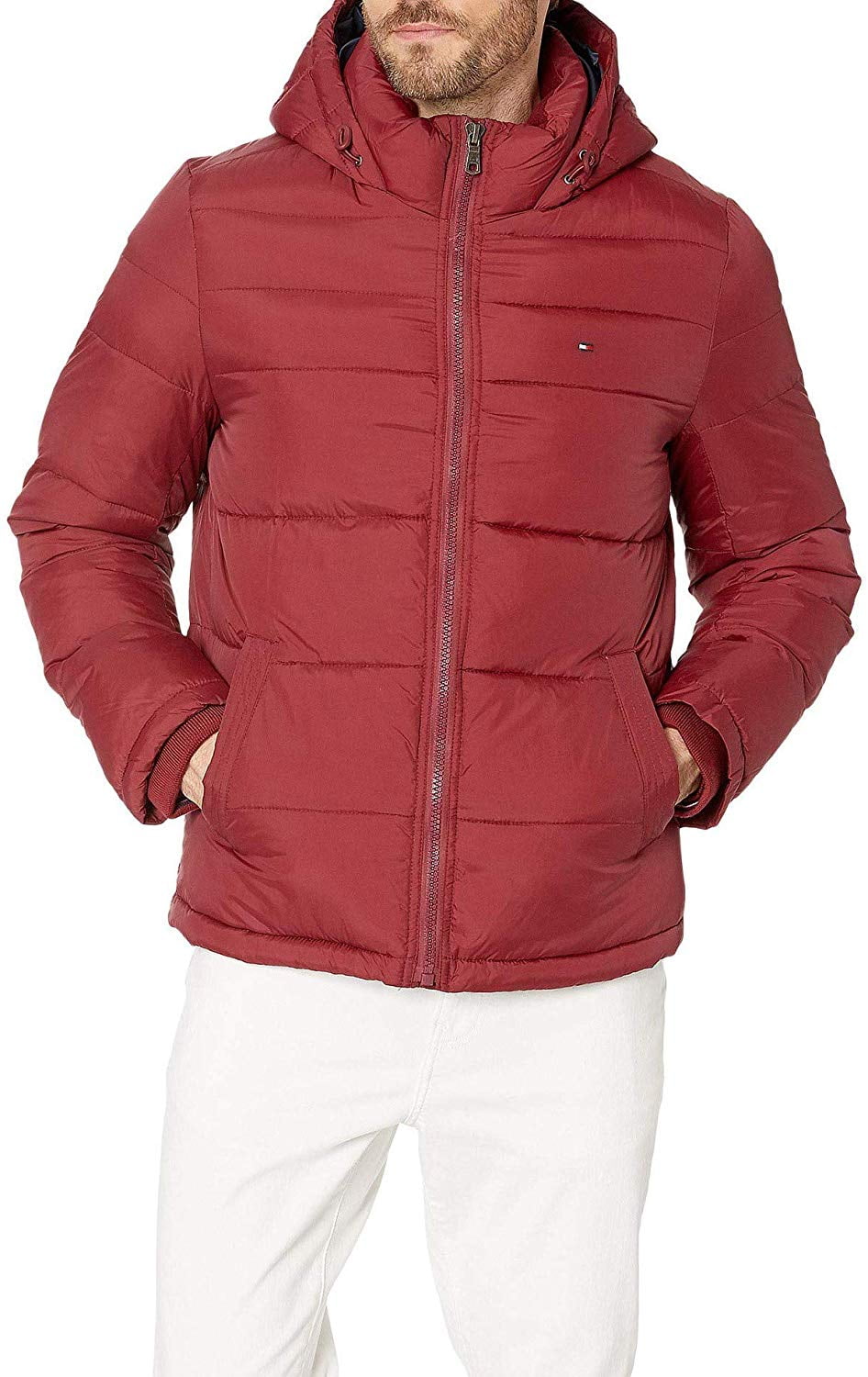 tommy hilfiger men's ultra loft quilted stretch hooded puffer jacket