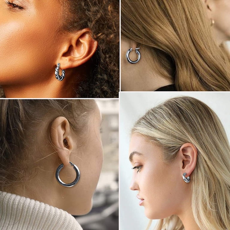6 Pairs Chunky Hoop Earrings Set For Women: 14K Gold Plated Hypoallergenic Thick Hoops, Open Twist Huggie Style (14mm-30mm)