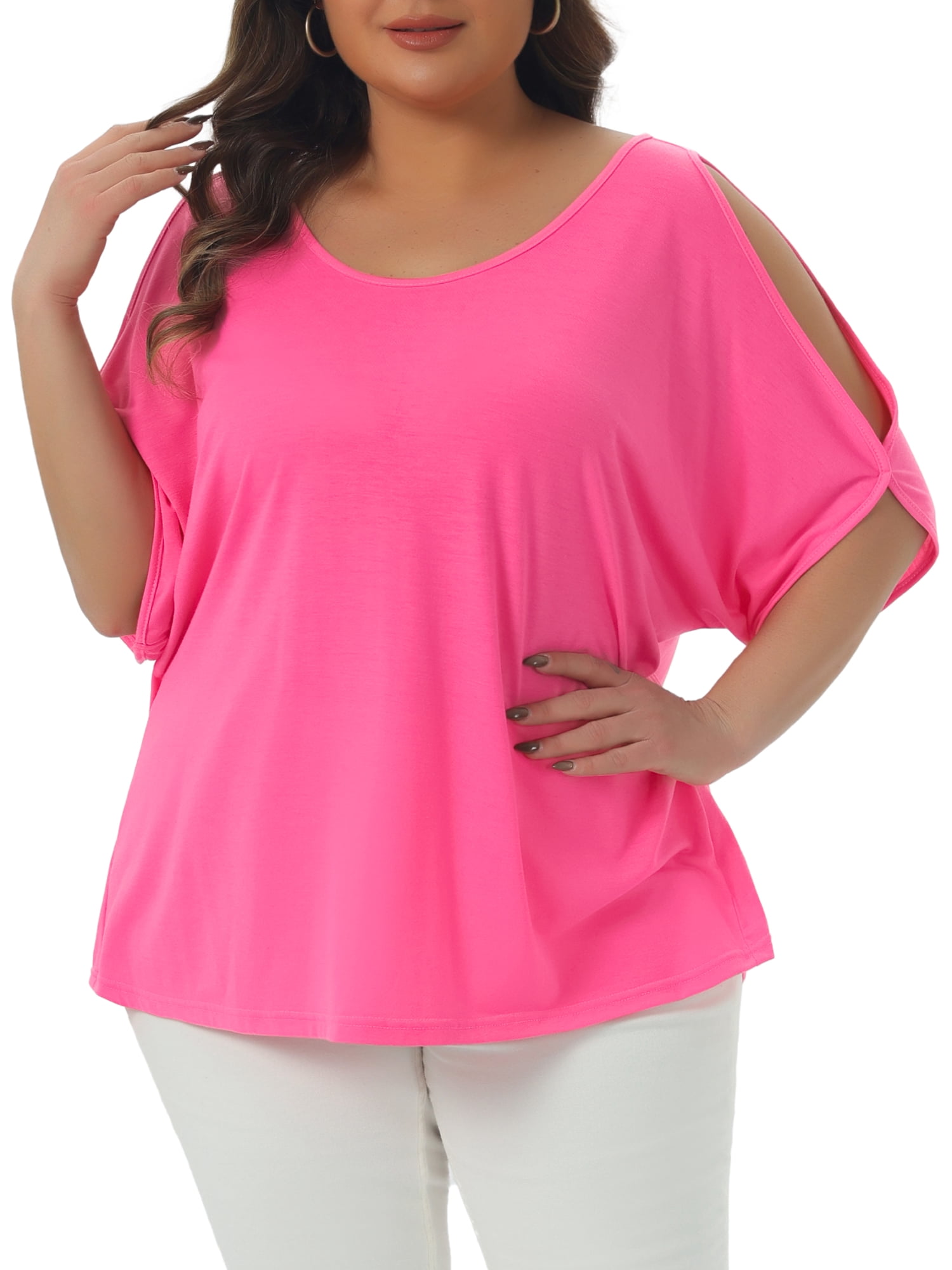 DARING DIVA Women's Plus Casual Crew Neck Cold Shoulder Summer Blouse 2X Pink