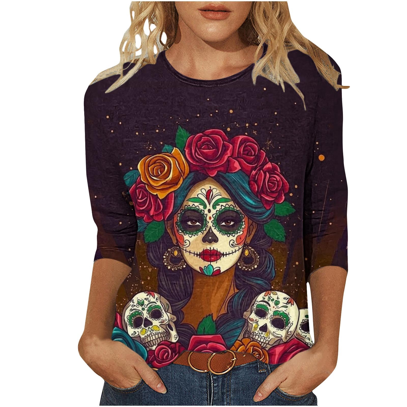 Women's Day of The Dead Print T-Shirt Crew Neck 3/4 Sleeve Loose Fit Mexican Skull Tee
