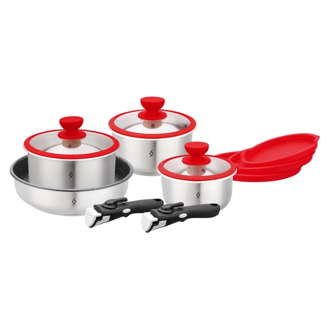 Batería de Cocina Apilable de 12 Piezas - Ollas con Tapa de Vidrio y Cierre Hermético Sartén antiadherente PPG y Mangos Removibles