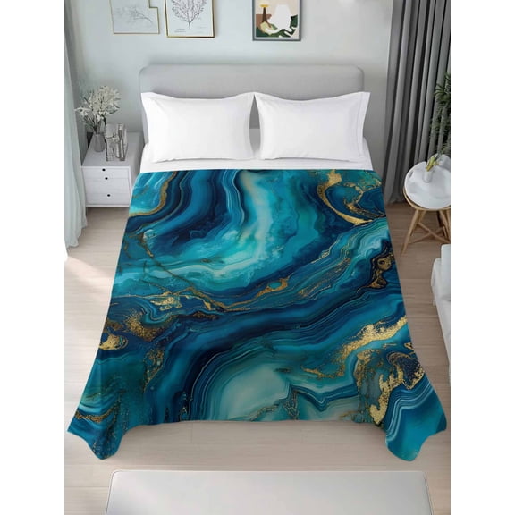 Teal Blue Marble Full Size Flat Sheet, Wrinkleproof & Fadeproof Cooling Flat Bed Sheet Only, Ink Painting Modern Abstract Yellow Breathable Soft Bedding Top Sheets 81 x 96 Inches