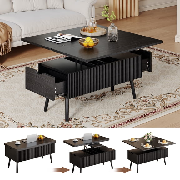 Strafriture 4 in 1 Lift Top Coffee Table, Fluted Convertible Coffee Tables Converts to Dining Tables, Modern Wooden Center Table with Drawer for Living Room, Small Space, Black