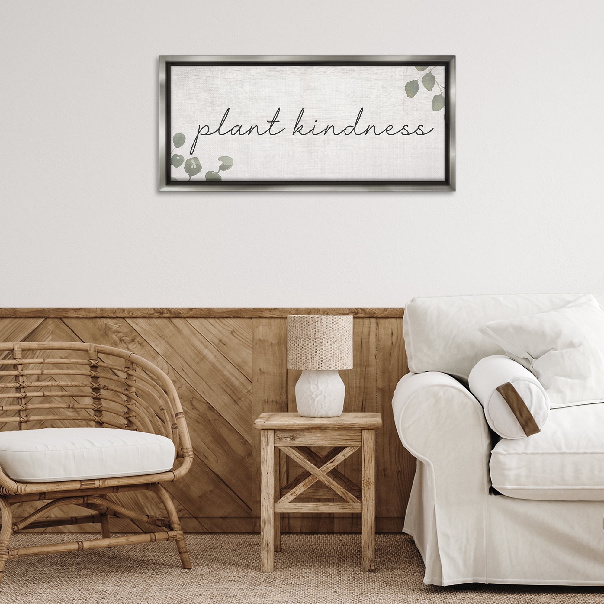 Stupell Industries Plant Kindness Phrase Plants & Flowers Painting Gray Floater Framed Canvas Art Print Wall Art, 31 x 14