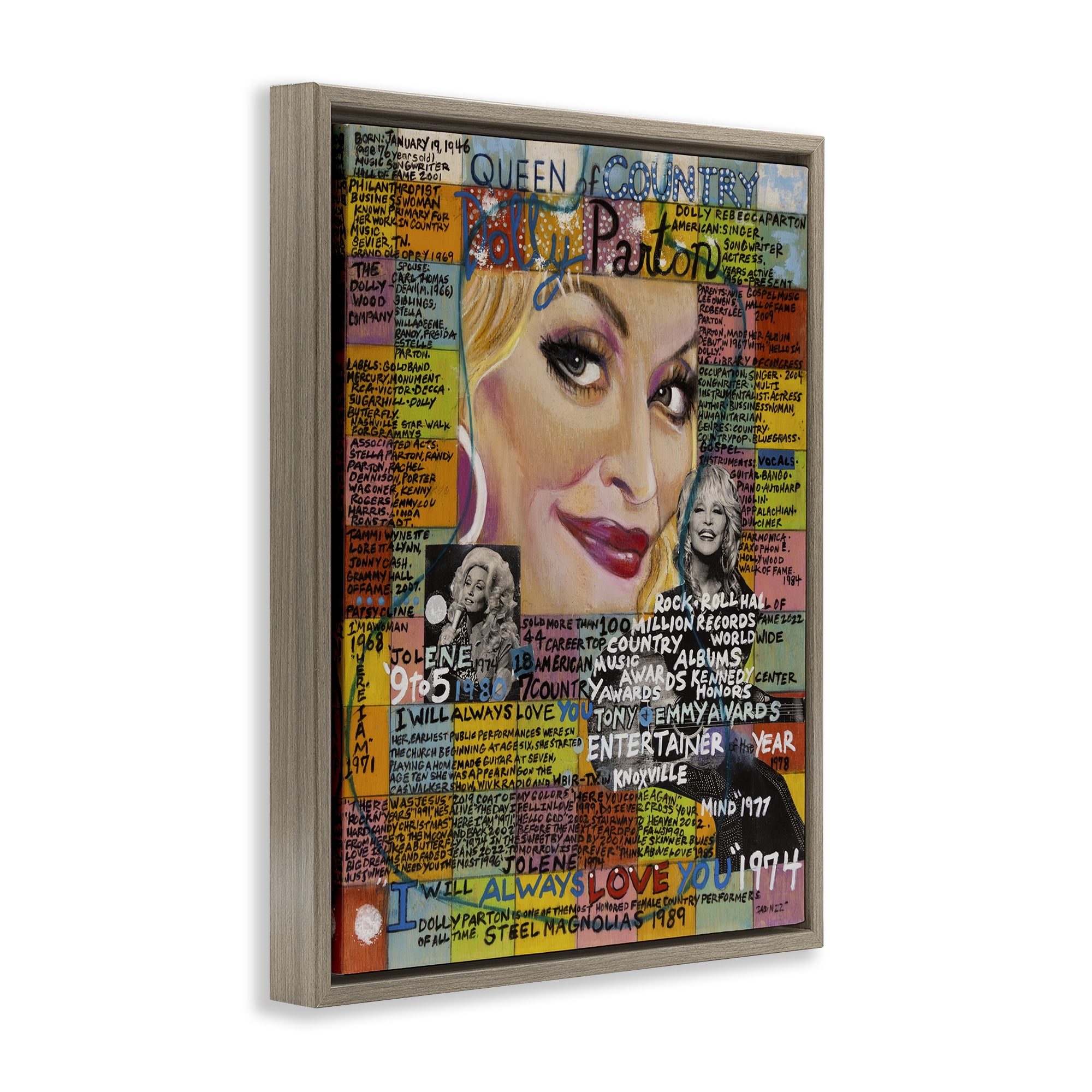 Stupell Industries Dolly Parton Collage People Drawing Brown Floater Framed Canvas Art Print Wall Art, 17 x 21