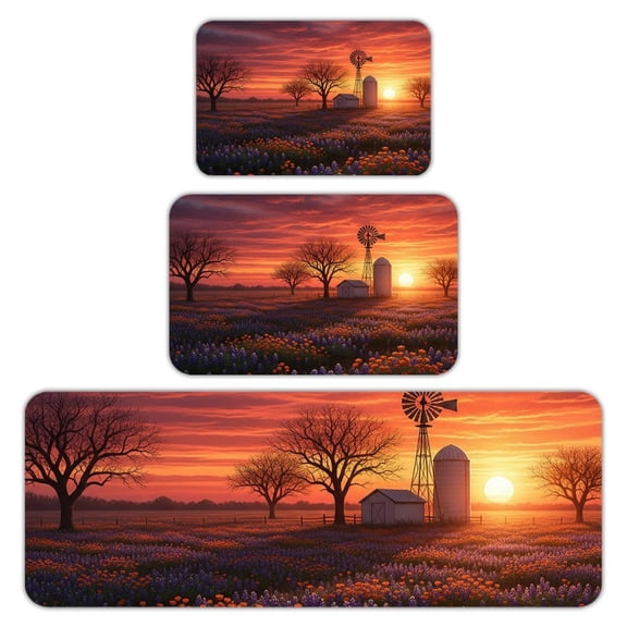 RKSupls Kitchen Rug Set 3 Piece Anti-Slip Flannel Floor Mats, Flower Sunset Washable Absorbent Runner Mats for Kitchen Bathroom Home Decor