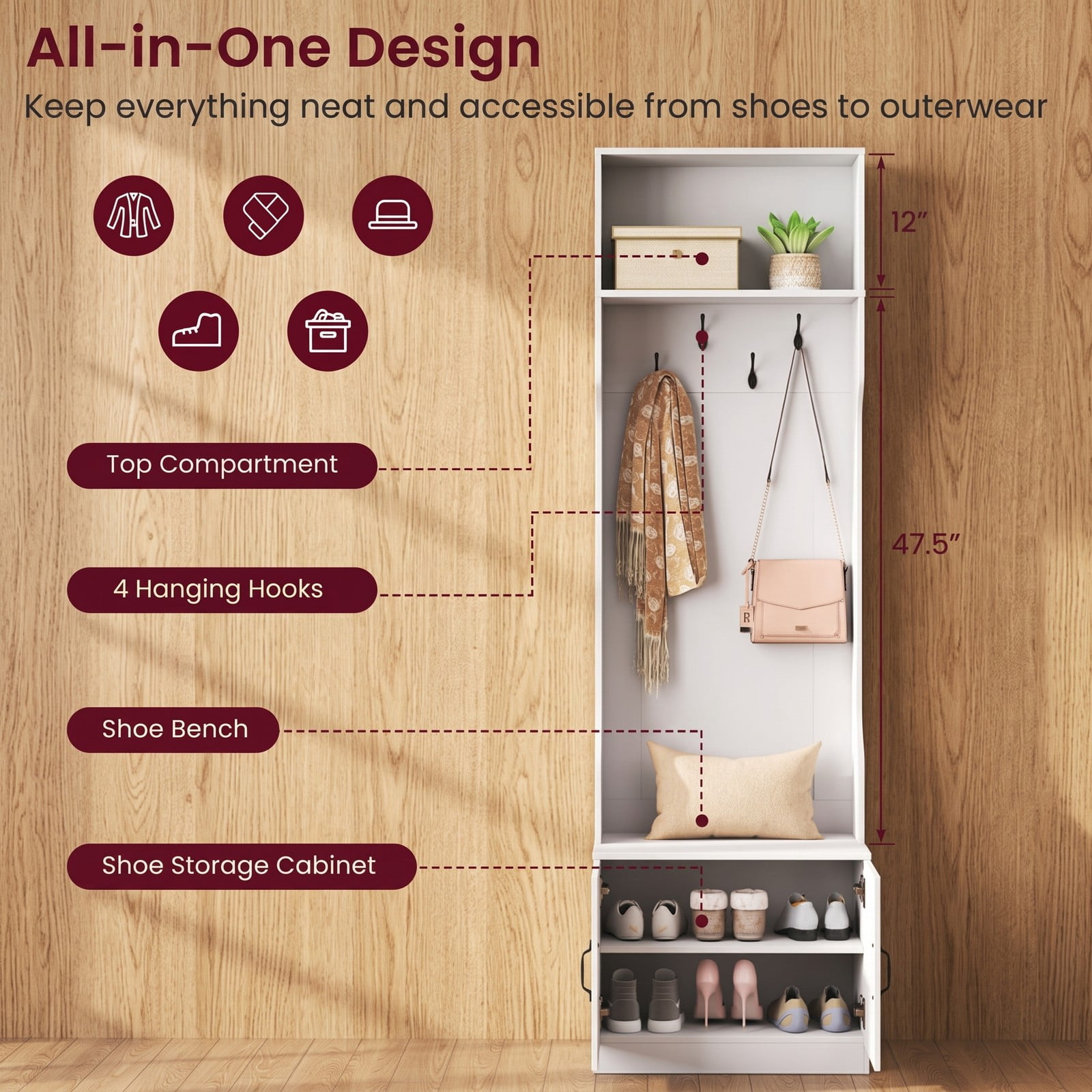 Furnibear 3 in 1 Hall Tree with Bench Shoe Cabinet and 4 Double Hooks 23.5 Inch Wide Mudroom Storage for Entryway, White