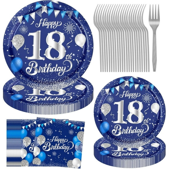Jestar 96Pcs 18th Birthday Party Plates and Napkins Party Supplies Navy Blue Silver
