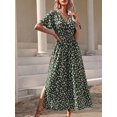 thumbnail image 3 of Green Womens Floral Print V-Neck Wrap Midi Dress With Slit, 3 of 6