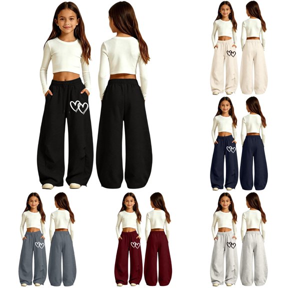 lnmuld Girls Wide Leg Sweatpants with Heart Graphic and Pockets Black,5-6 Years