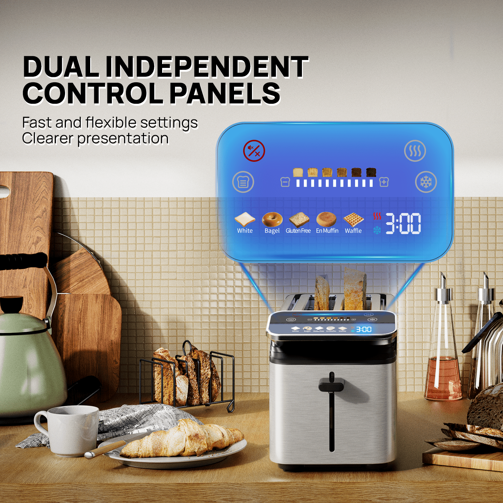 WHALL 4 Slice Toaster, TouchScreen Toasters with Projection Display, Long Extra Slots, Bagle / Reheat/Defrost Stainless Steel