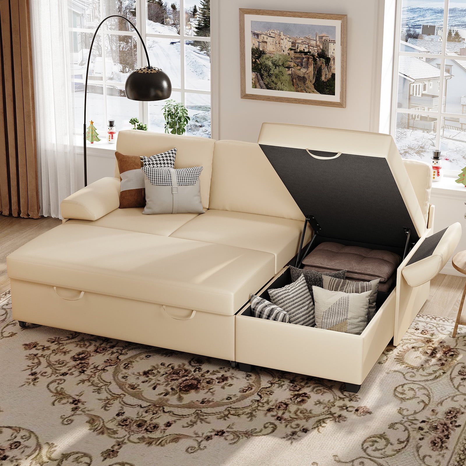 COPIAE 80” L Shaped Sofa Sleeper, 2 in 1 Pull Out Sofa Bed with Upholstered Cushion, Faux Leather Couch with Storage& Removable Armrest, Modern Comfort Sectional Couch Bed for Living Room Bedroom