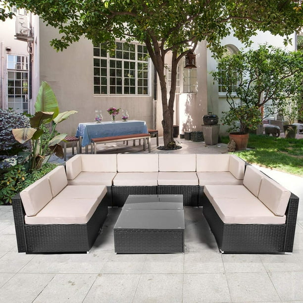 10 Pieces Outdoor Patio Furniture Sets Pe Rattan Conversation Sofa Set Sectional Wicker Chair With Cushions And Tea Table Com 10 Pieces Outdoor Patio Furniture Sets, 10 Piece Patio Furniture Set
