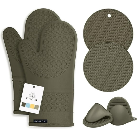 Silicone Oven Mitts and Pot Holders Sets: Heat Resistant Silicone Oven Mittens with Mini Oven Gloves Hot Pads Potholders for Kitchen Baking Cooking, Quilted Liner, Forest Night