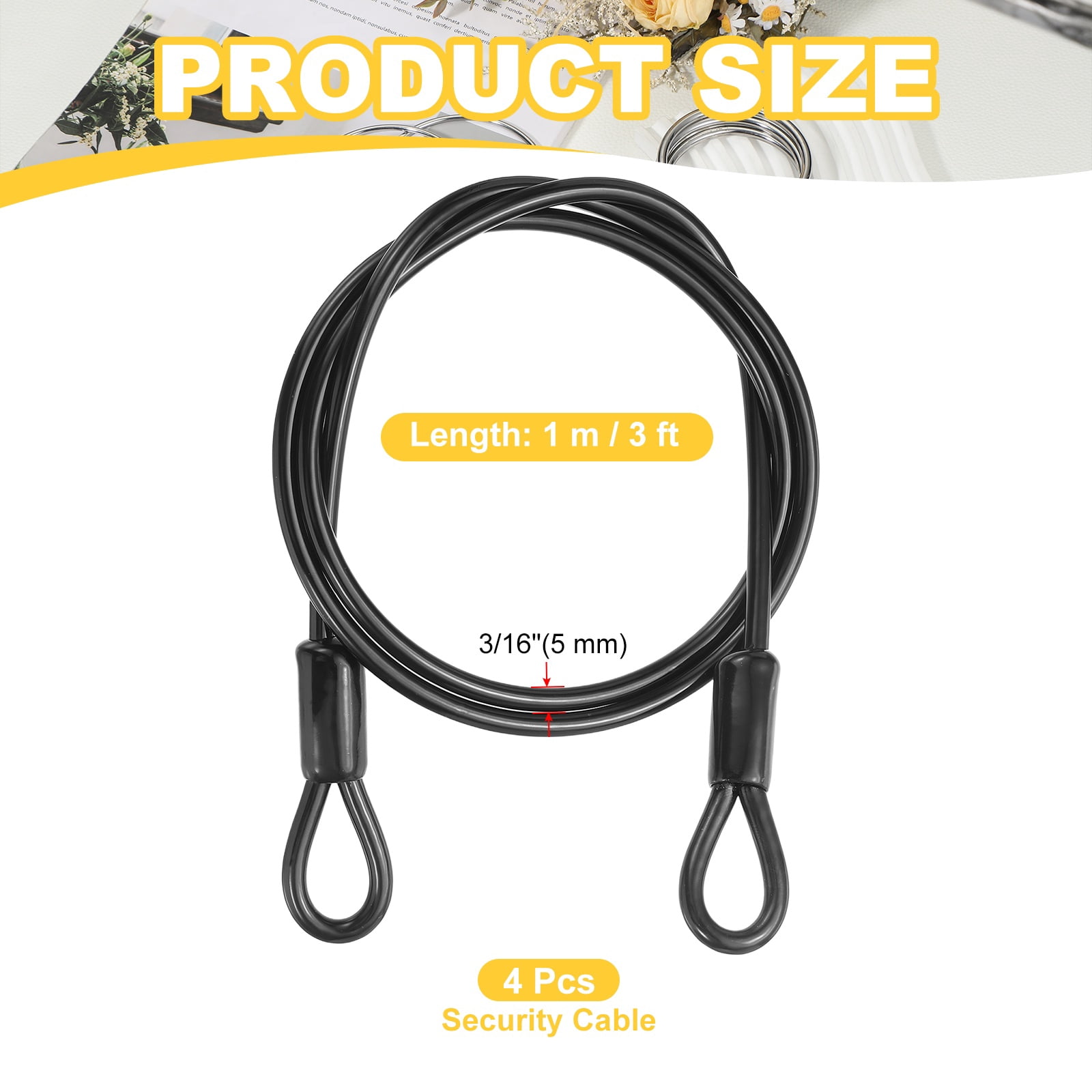 Uxcell Security Cable Braided Stainless Steel Coated Safety Wire Rope with Double Loop for Travel Luggage Bicycle Lock Cable Black 3 ft x 3/16"(5mm)