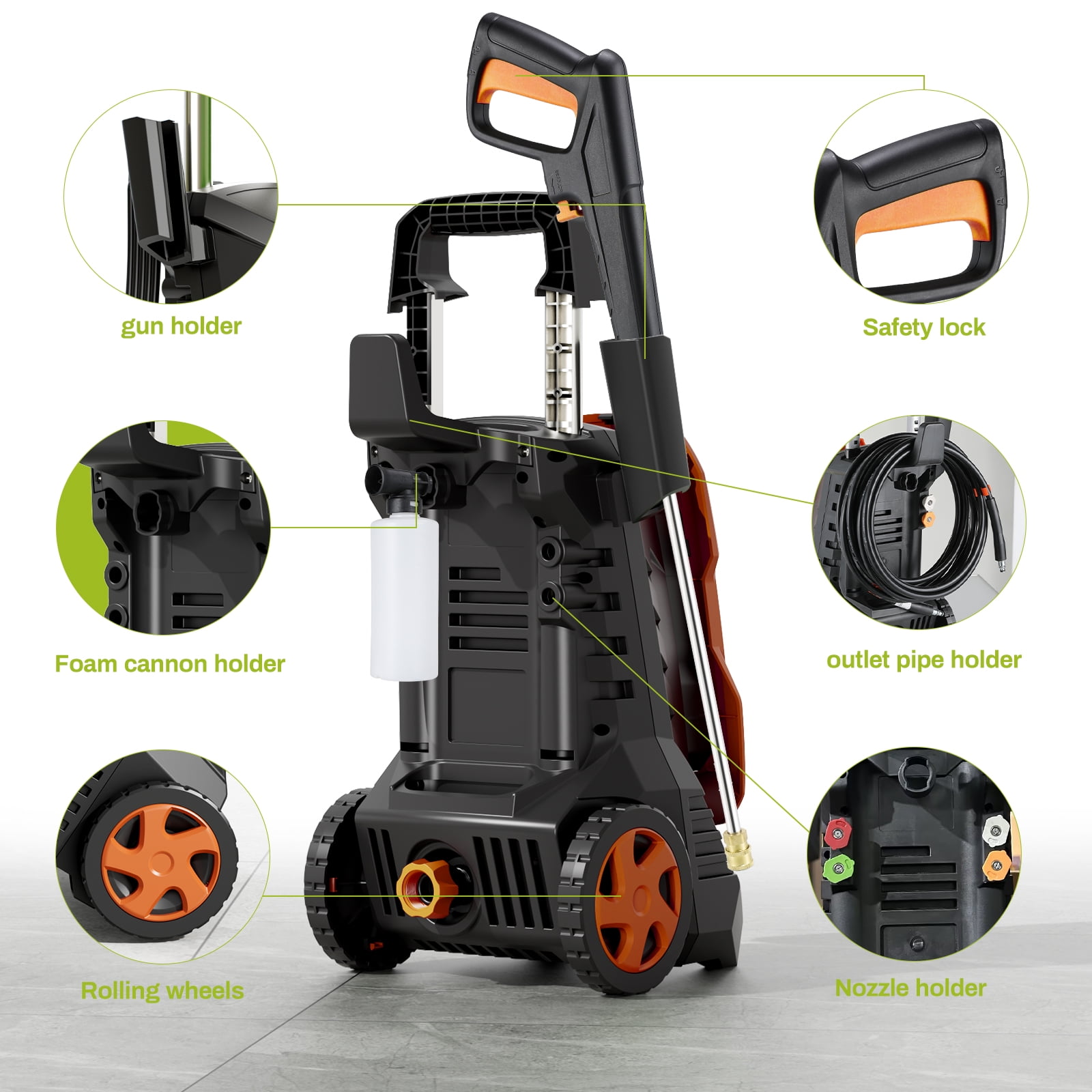 Pirecart Electric Pressure Washer 2700 PSI 1.7 GPM with Telescopic Handle, 4 Nozzles, Foam Cannon, 23ft Outlet Hose, High Pressure Washer for Cars, Decks, Driveways, Home, Patios.