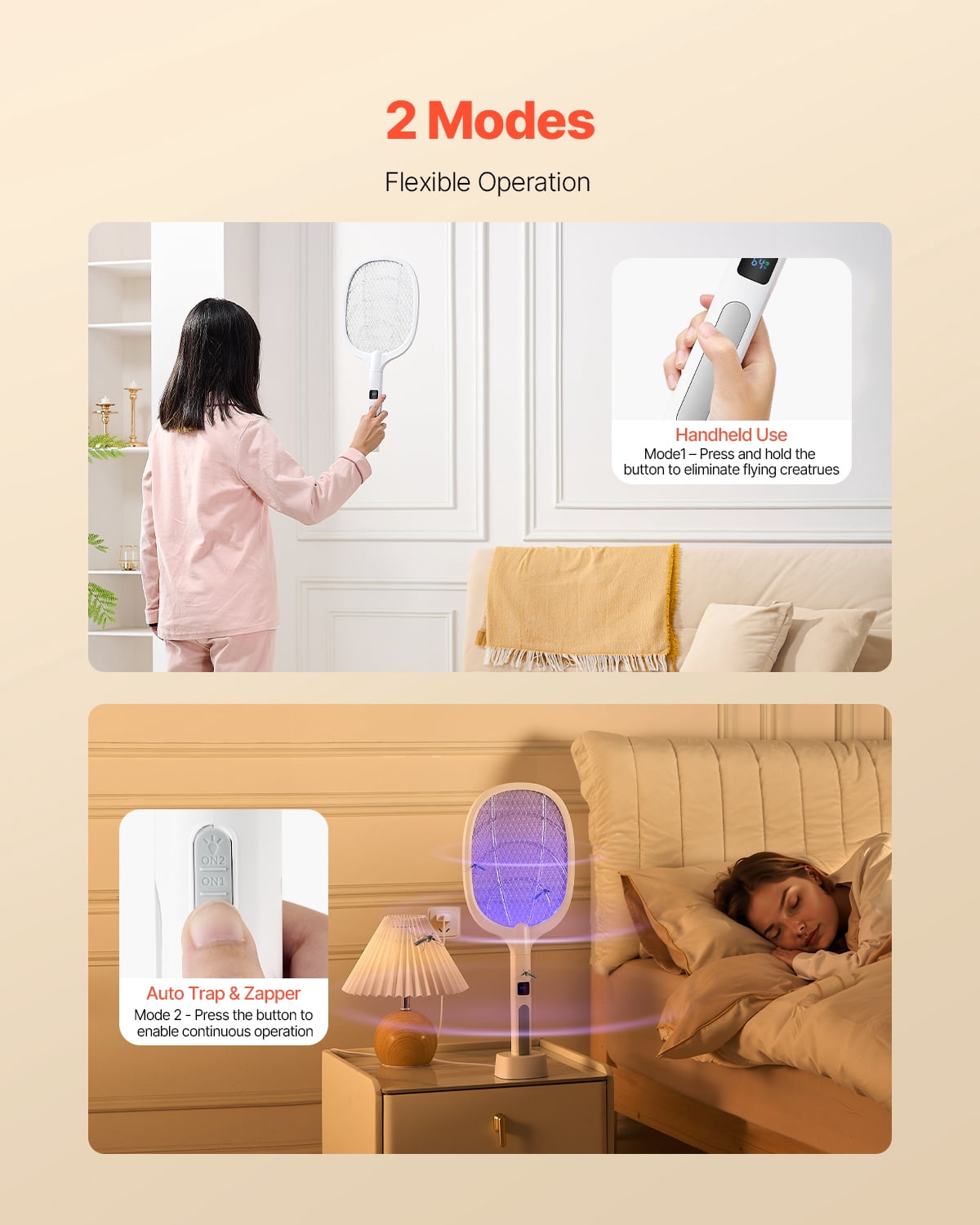 VEVOR Electric Fly Swatter, Zapper Racket with 3 Layers Mesh & Digital Screen Display, Dual Modes Fly Killer with 1500mAh Battery Rechargeable for Home, Bedroom, Kitchen and Patio, White