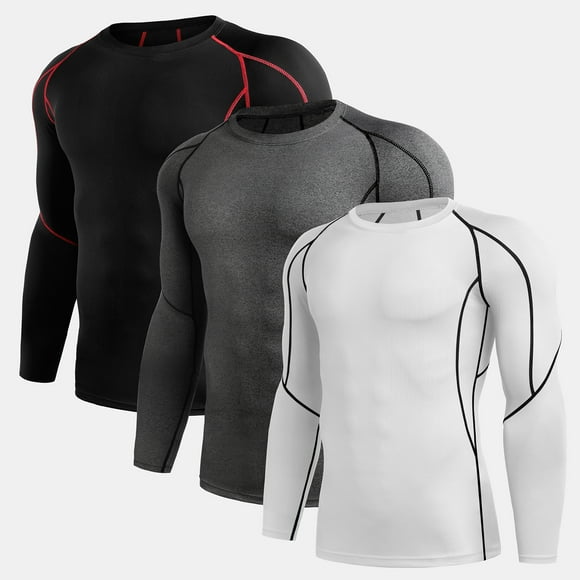 Yeacher Men Sport Shirts 3 PCS Elastic Quick Dry Base Layer O-Neck Long Sleeve Sport T-Shirt Tops Workout Fitness