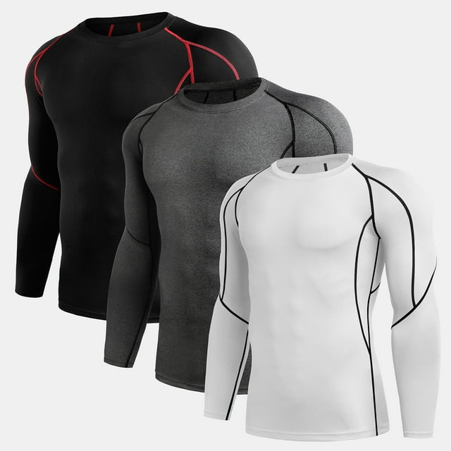 Men Compression Shirts 3 PCS Elastic Quick Dry Base Layer O-Neck Long Sleeve Sport T-Shirt Tops Workout Fitness