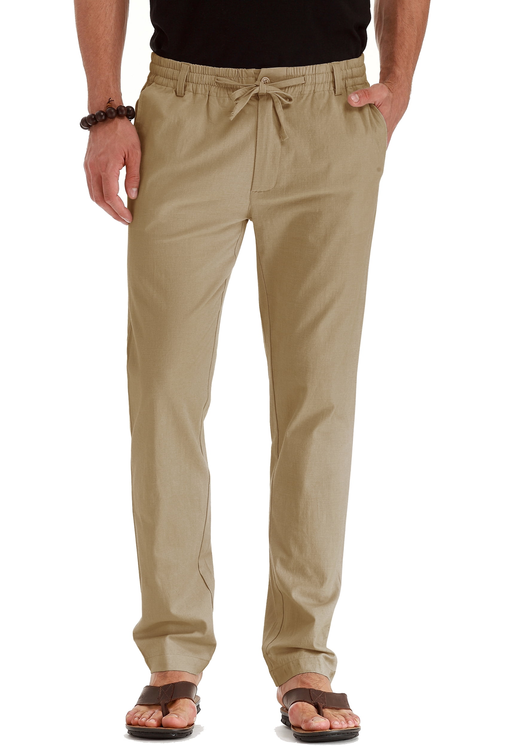 JWD Men's Drawstring Linen Pants Casual Summer Beach Loose Trousers Gray Khaki-US 34