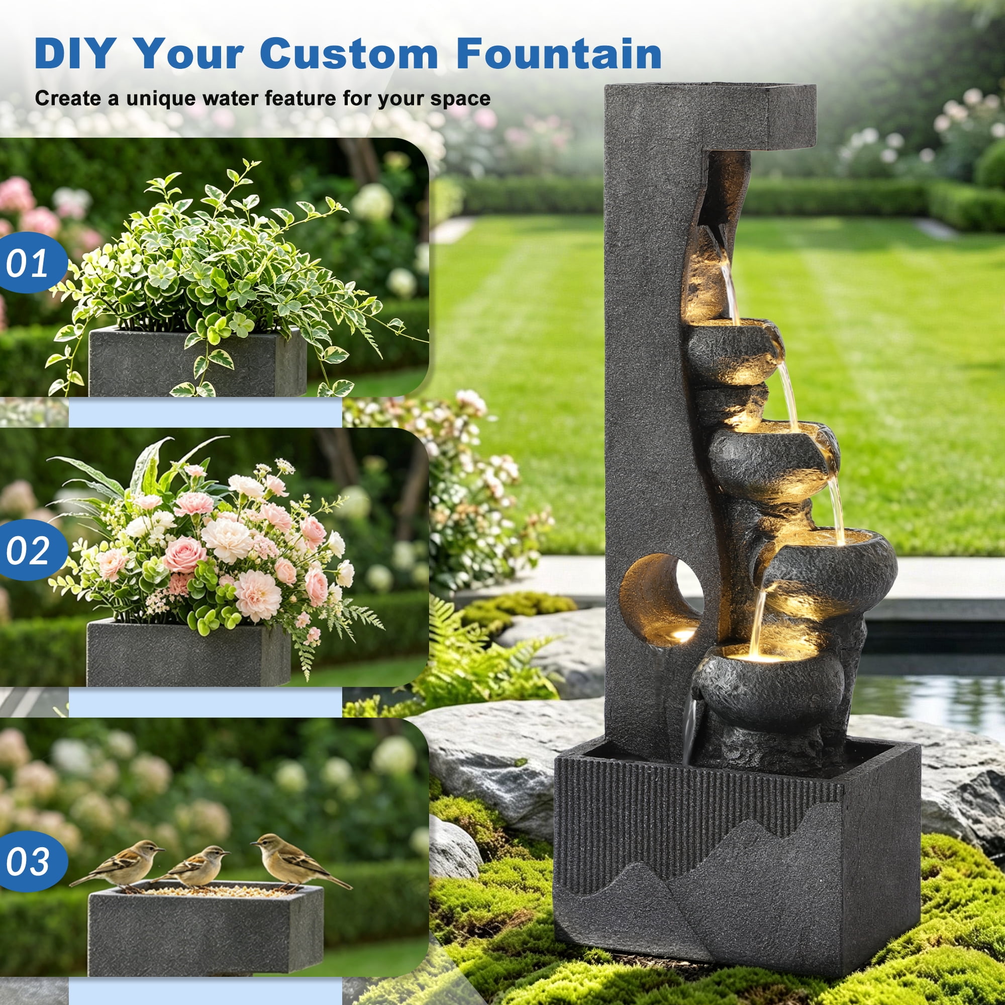 Magic Union 4-Tier Outdoor Water Fountain with LED Lights, 39.2" Tall Resin Cascading Waterfall Fountain with Planter Areas, Modern Calming Water Feature for Patio Balcony Deck Garden Yard Decor
