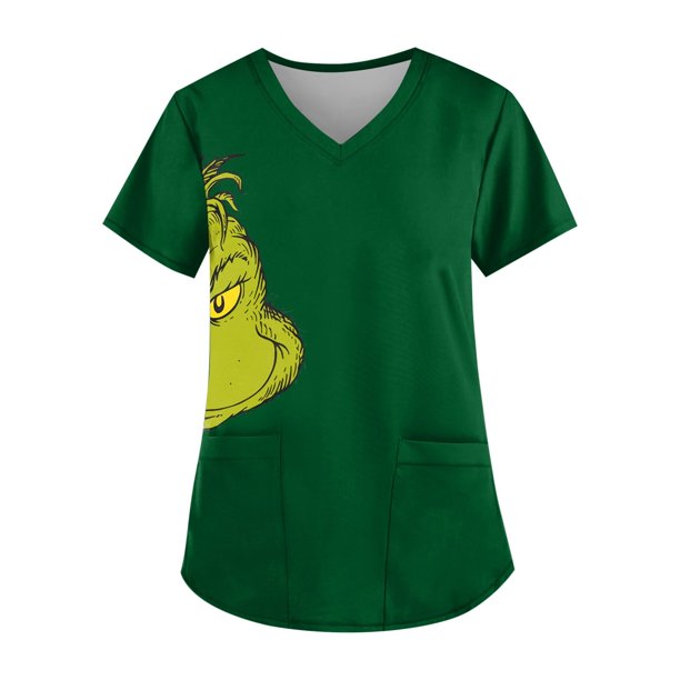 Uniforme de enfermería MIARHB para mujer, talla grande, uniforme de trabajo, camisetas divertidas de manga corta con cuello en V y estampado de "Grinch", ropa de trabajo con 2 bolsillos, verde