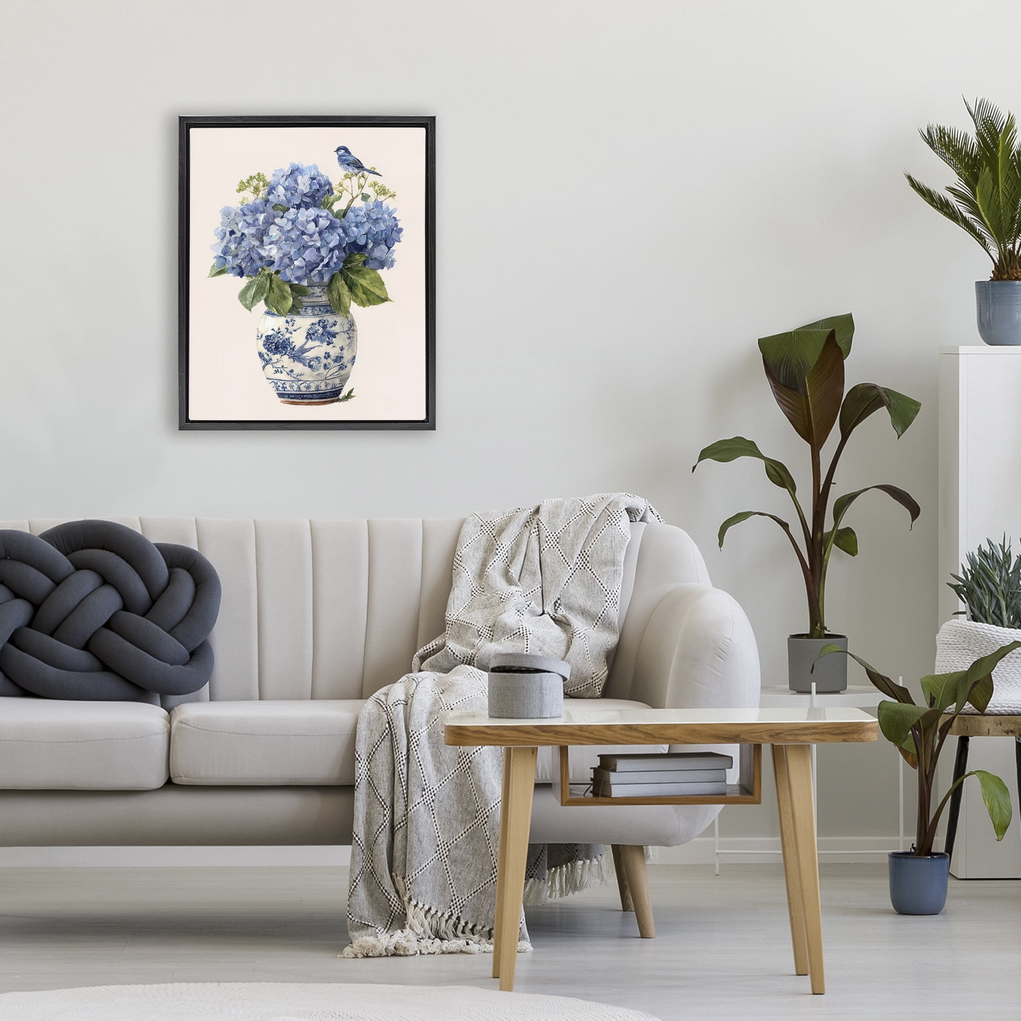 Stupell Industries Songbird Perched on Hydrangeas Black Framed Floater Canvas Wall Art, design by Imagine It Images