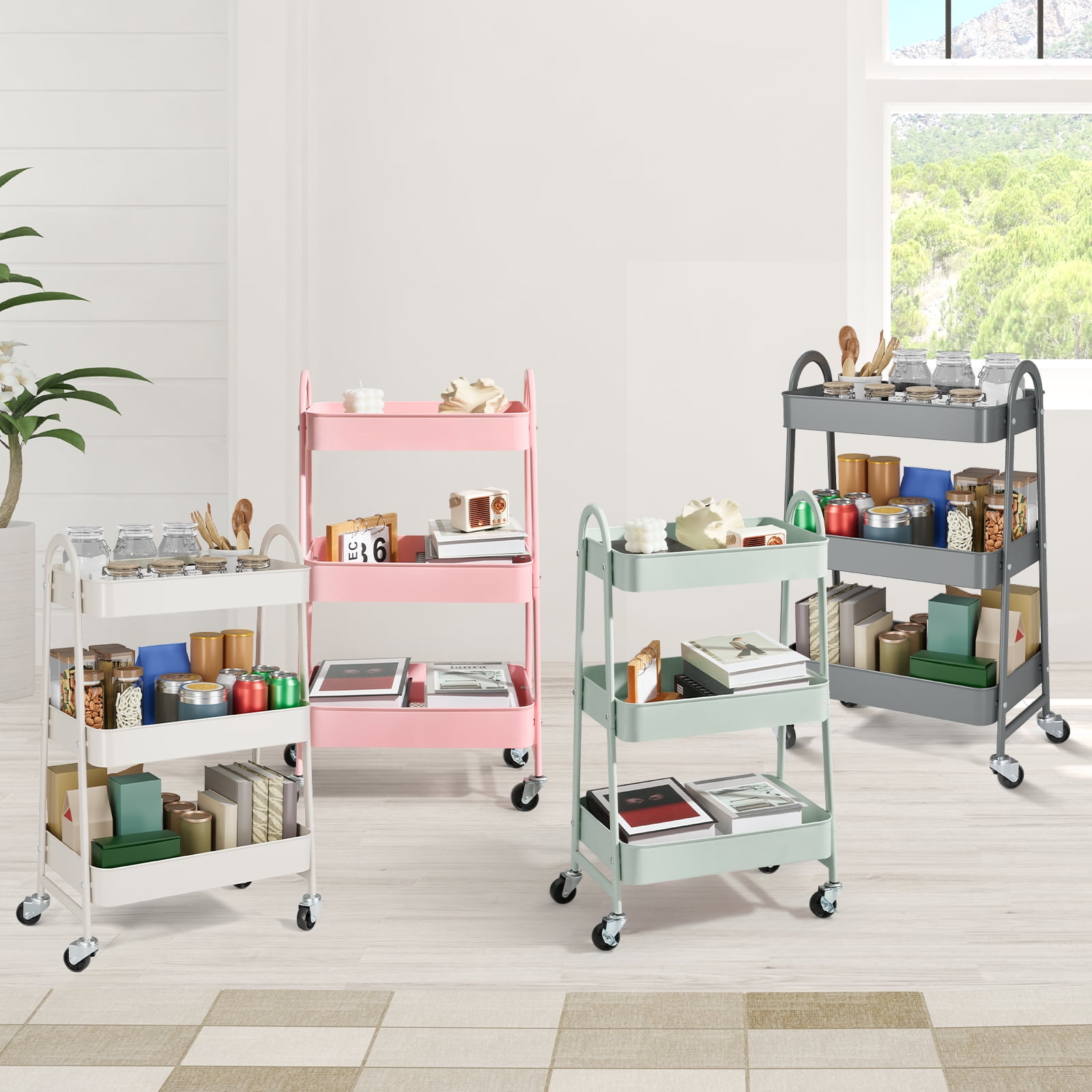 GIANNA 3 Tier Rolling Cart Organizer, Plastic Rolling Cart with Lockable Wheels & Reinforced Handle, Lightweight Utility Cart Storage Cart for Nursery, Kitchen, Bathroom, Craft Room