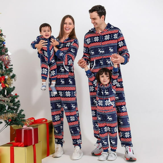 Yuanyu Matching Christmas Pajamas for Family, Holiday PJs Hooded One-Piece PJS Family Jumpsuit Vacation Deer Loungewear