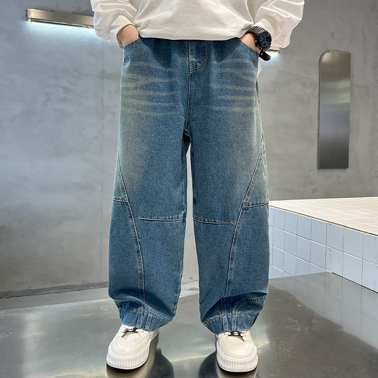 Wdgfv Boys Bootcut Jeans Boys Casual Cargo Trousers Elastic Waist Pants for Kids Comfortable Regular Fit Age 4-12 Outdoor Daily Wear Light Blue 6-7 Years